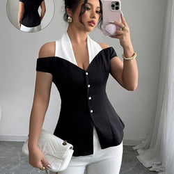 Womens Elegant Black and White Off-Shoulder Chic V-Neck Short Sleeve Top