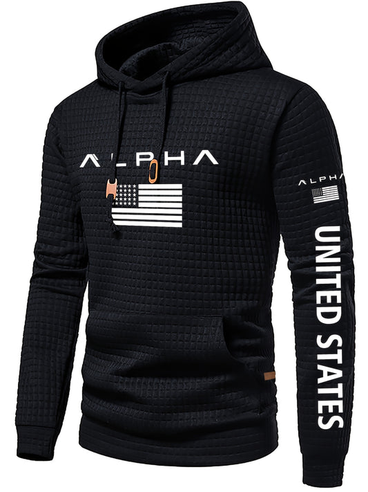 Mens Casual Letter Print Slim Fit Waffle Knit Pullover Hooded Swearshirt