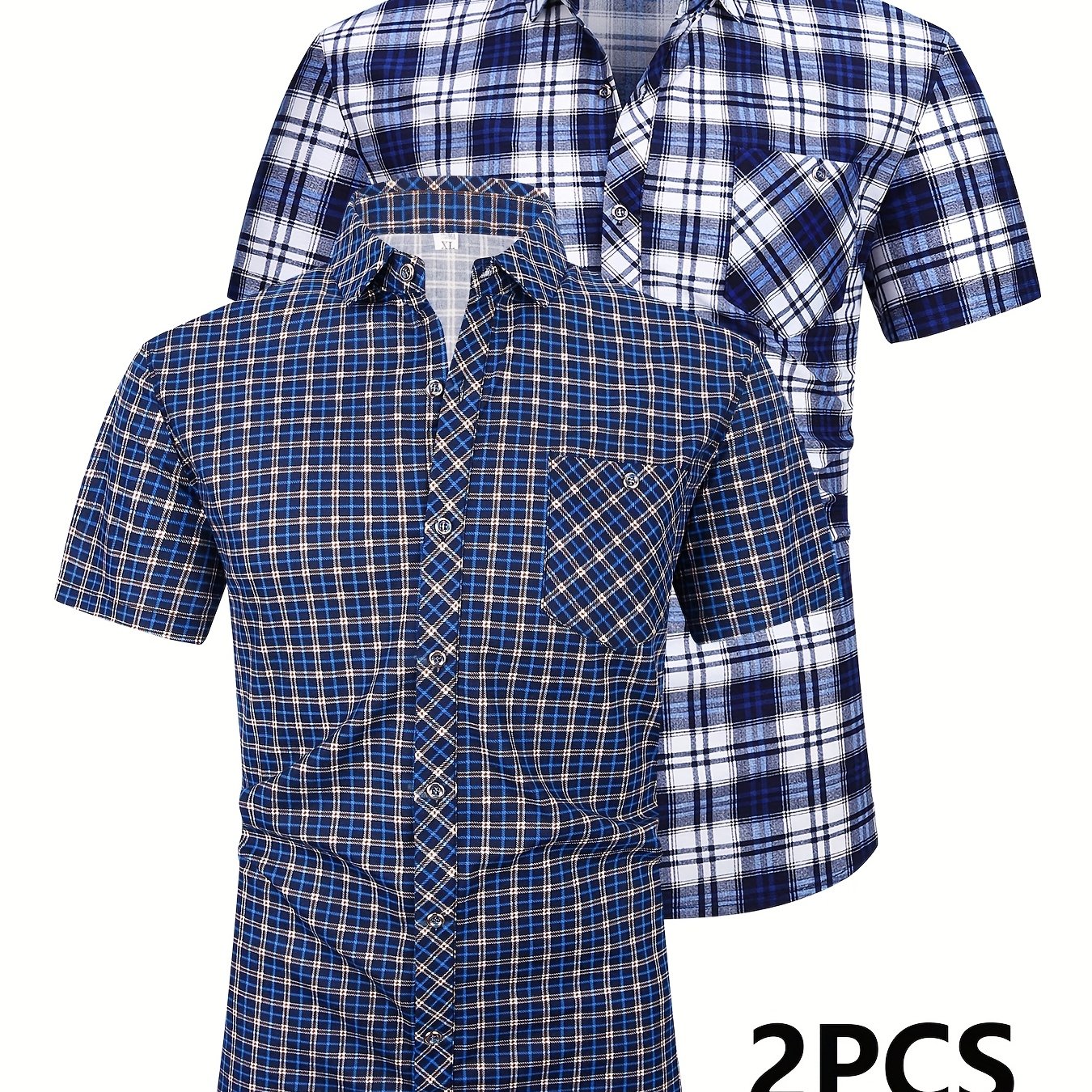 Mens Casual 2 Pcs Short Sleeve Plaid Button-Up Shirts