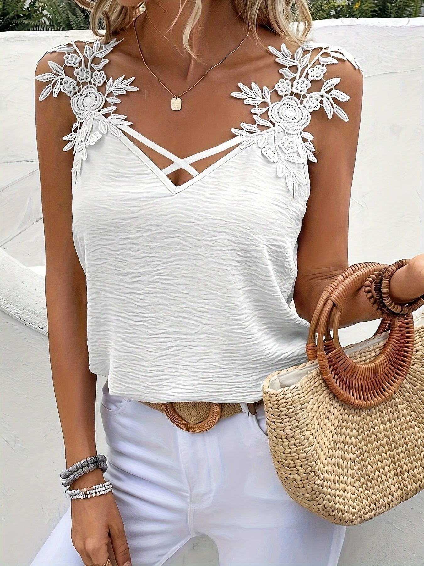 Womens Elegant Casual Lace Strap V Neck Sleeveless Top