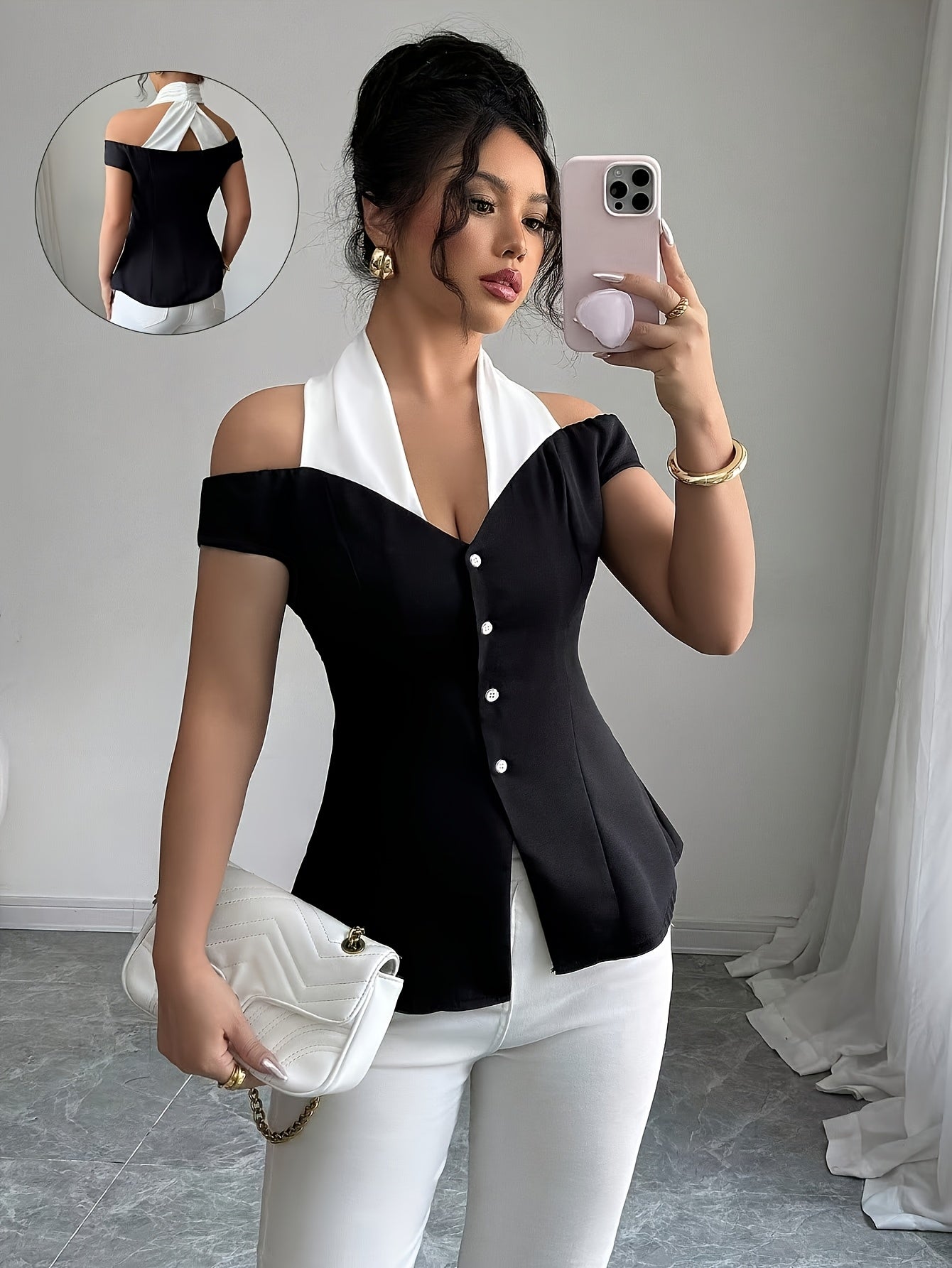 Womens Elegant Black and White Off-Shoulder Chic V-Neck Short Sleeve Top