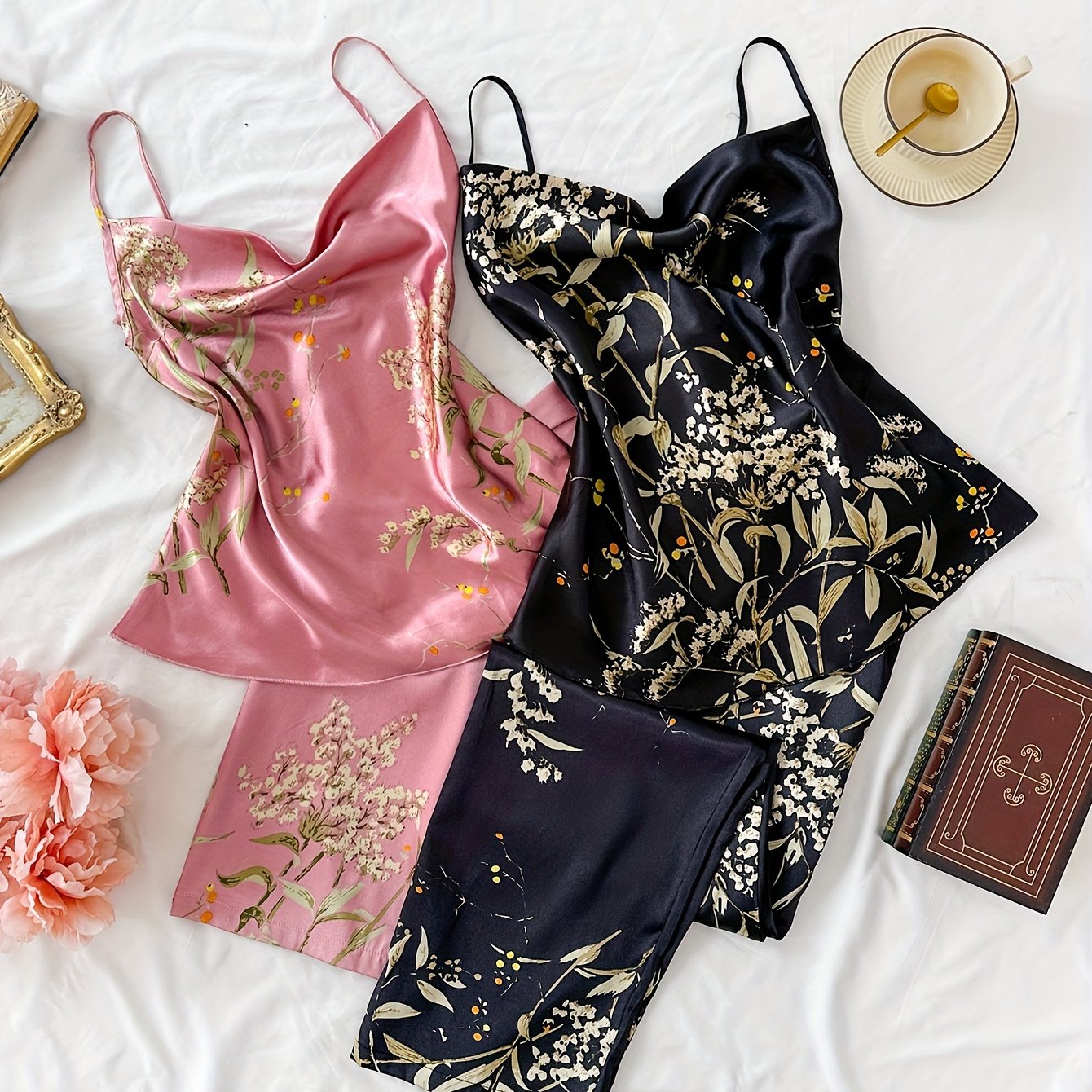 Womens Four Piece Floral Print Top & Pyjamas Set