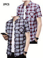 Mens Casual 2 Pcs Short Sleeve Plaid Button-Up Shirts