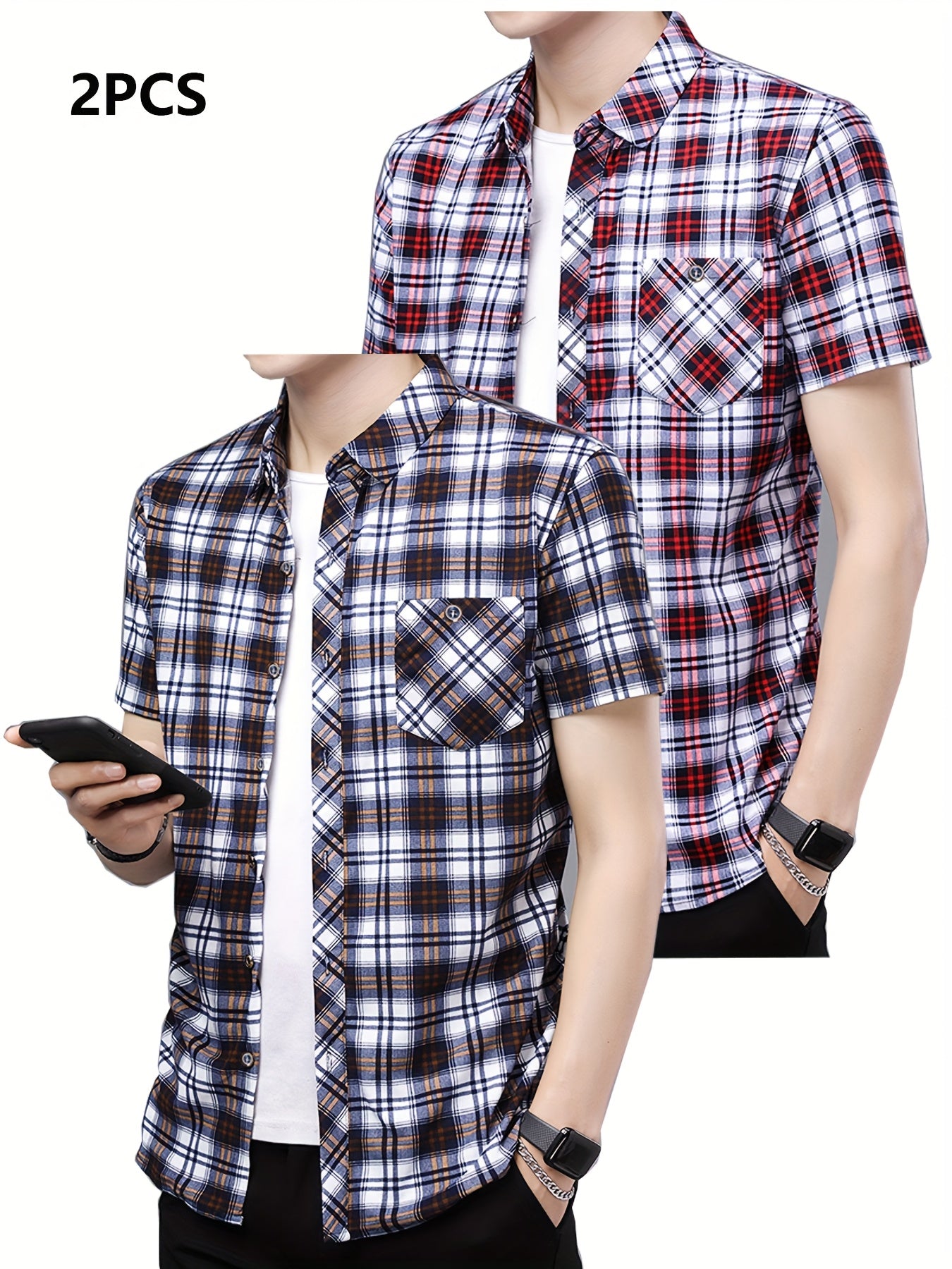 Mens Casual 2 Pcs Short Sleeve Plaid Button-Up Shirts