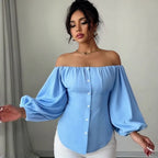 Womens Elegant Off-Shoulder Puff Sleeve Slim Fit Solid Colour Top