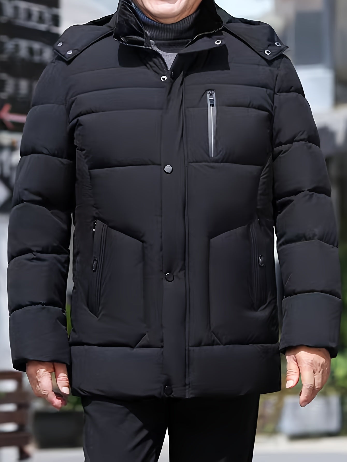 Mens Windproof Detachable Hood Multiple Pockets Plush Lining Long Winter Jacket