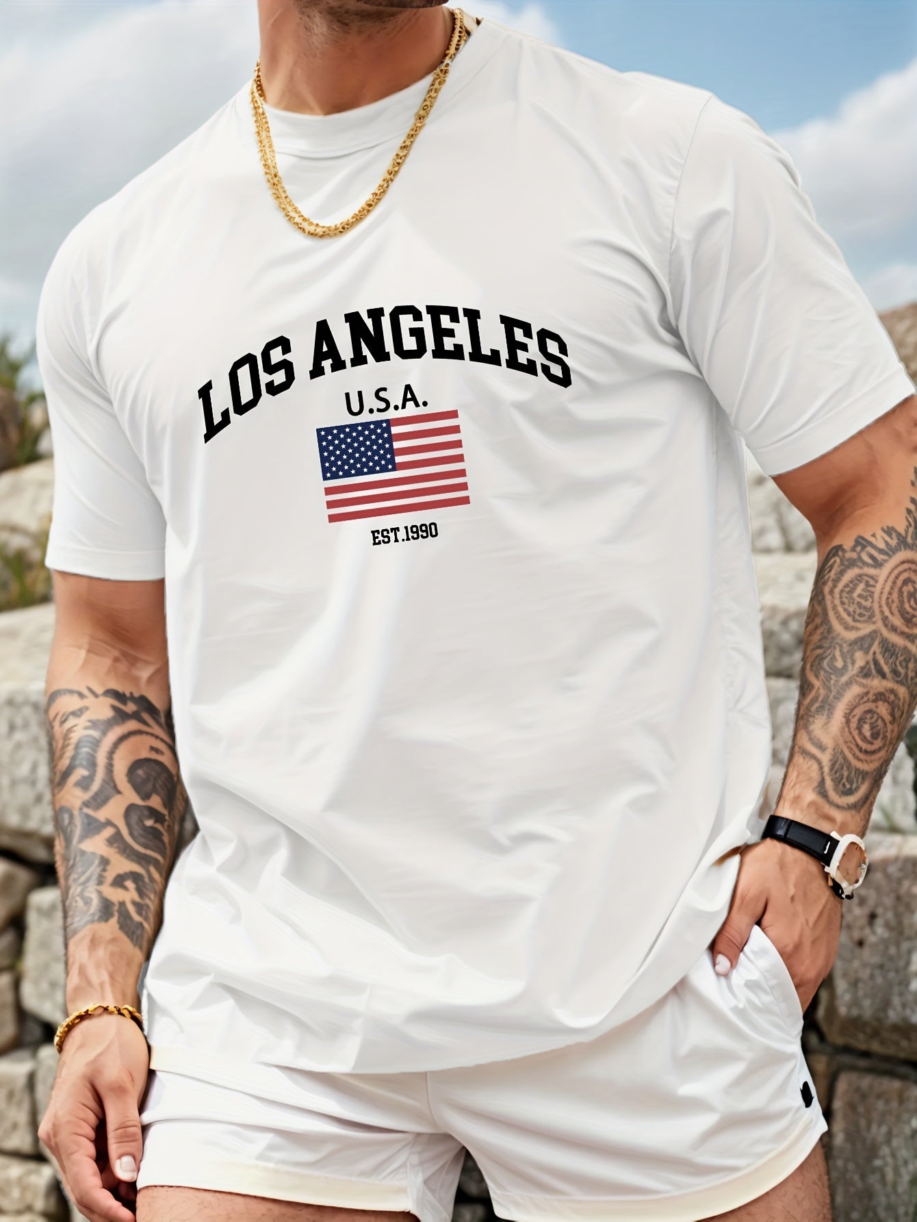 Mens Los Angeles USA Flag Print Casual Crew Neck T-Shirt