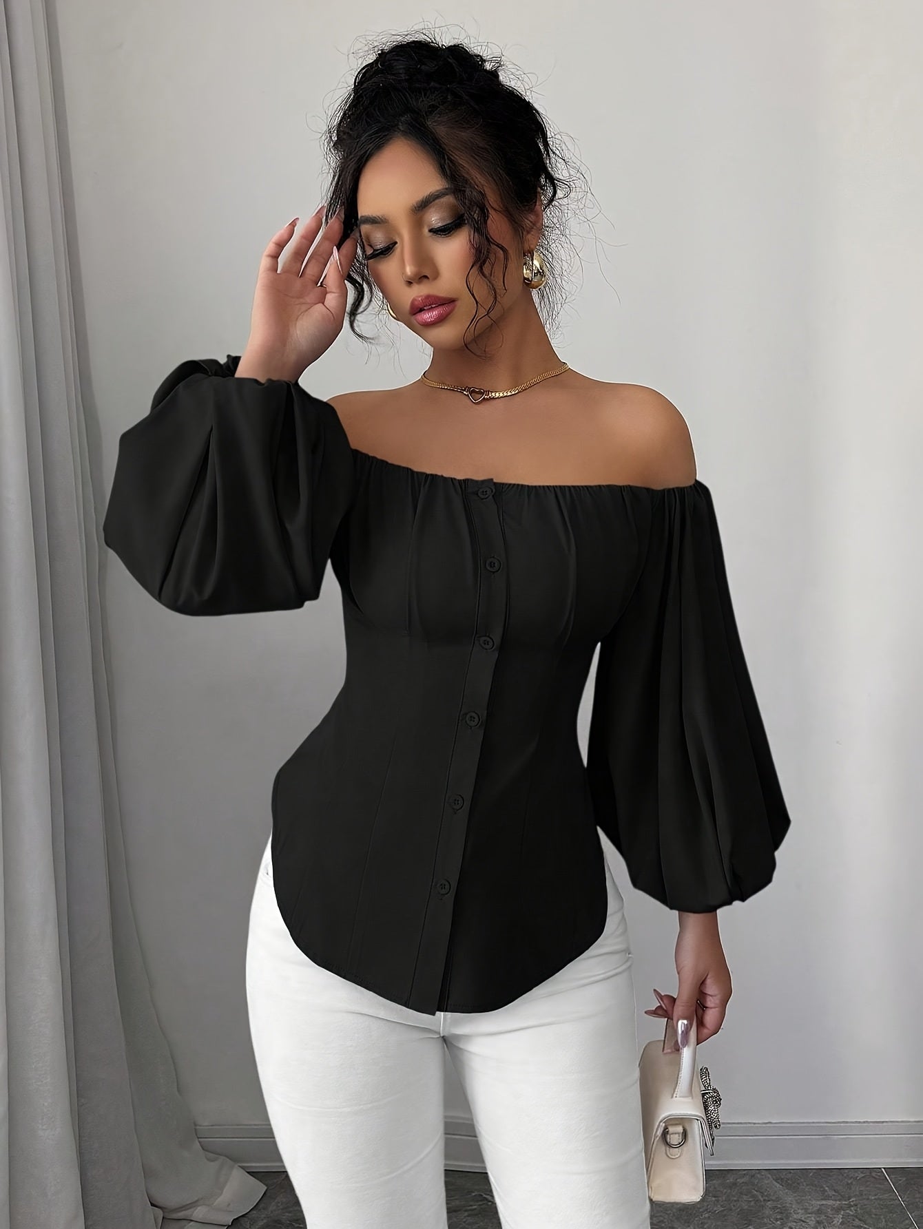 Womens Elegant Off-Shoulder Puff Sleeve Slim Fit Solid Colour Top