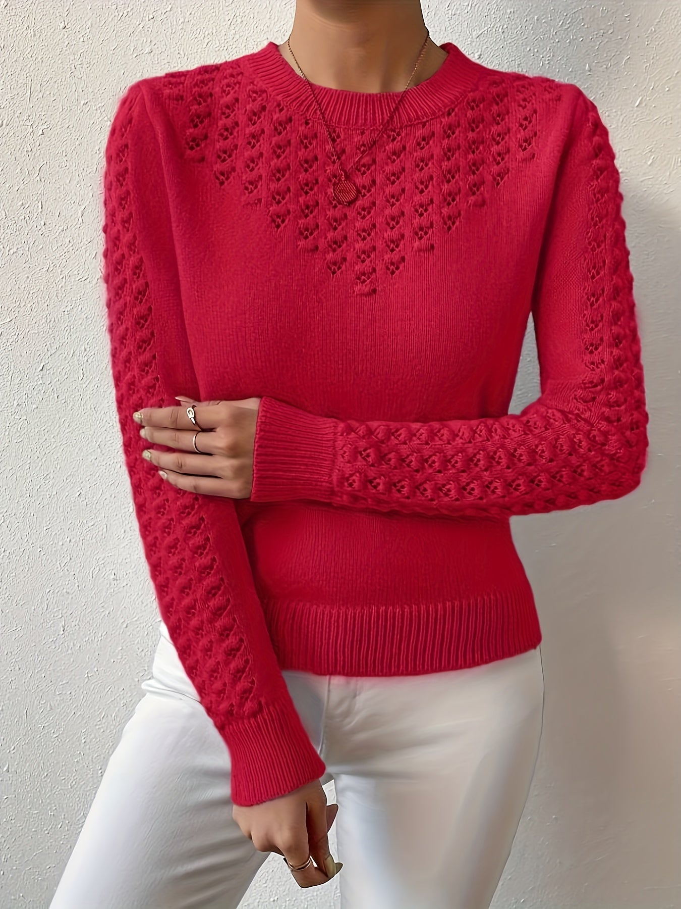 Womens Elegant Knitted Round Neck Textured Design Solid Colour Semi Sheer Sweater