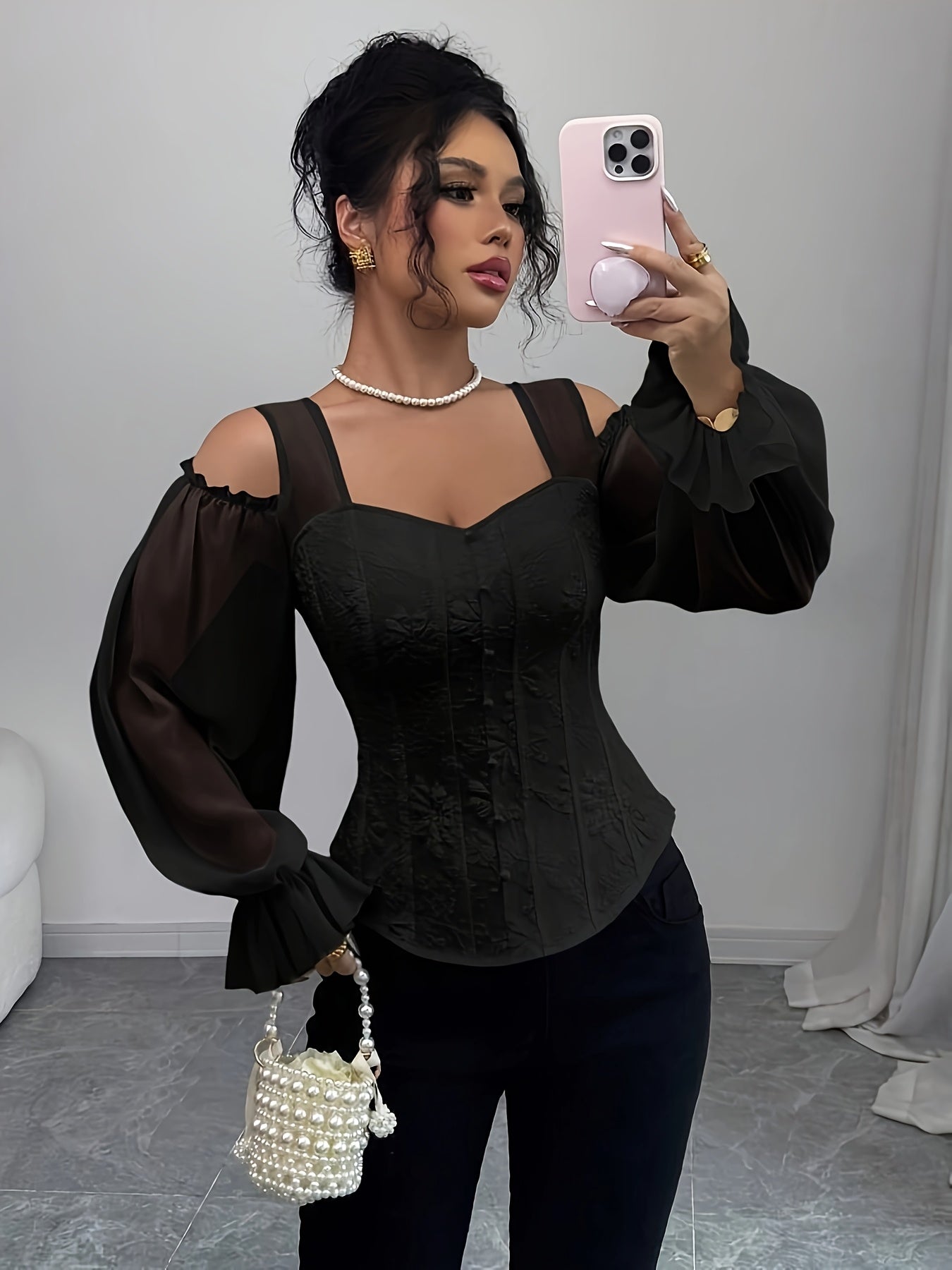 Womens Floral Jacquard Elegant Off-Shoulder Lantern Sleeves Square Neck Top