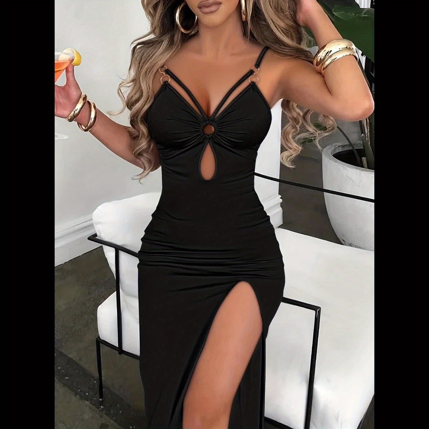 Womens Sexy Split Thigh Hollow Out Ruched Sleeveless V Neck Bodycon Dress