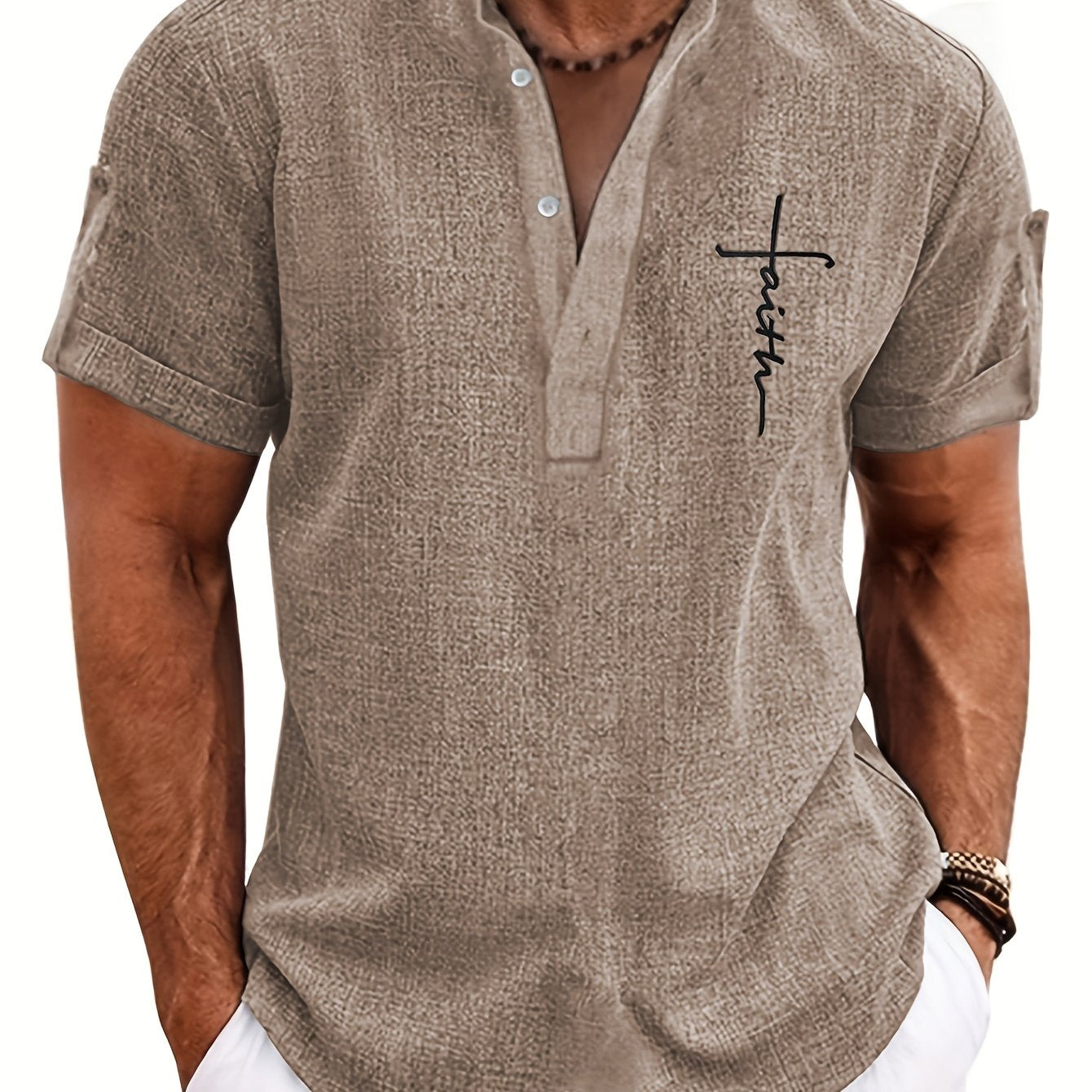 Mens Casual Graphic Print Short Sleeve Stand Collar Breathable Shirt