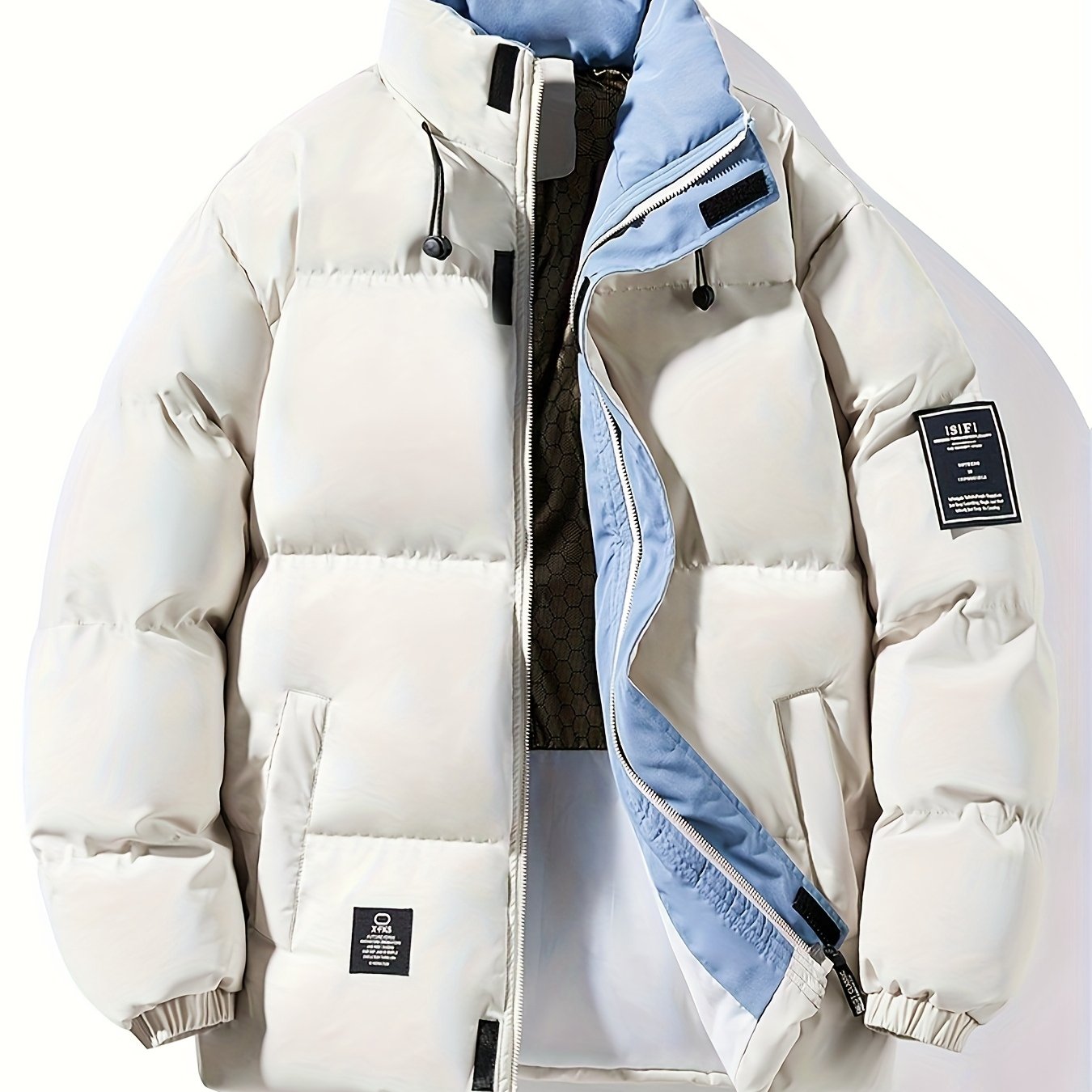 Mens Heavy-Duty Full-Zip Closure Stand Collar Windproof Loose-Fit Puffer Jacket
