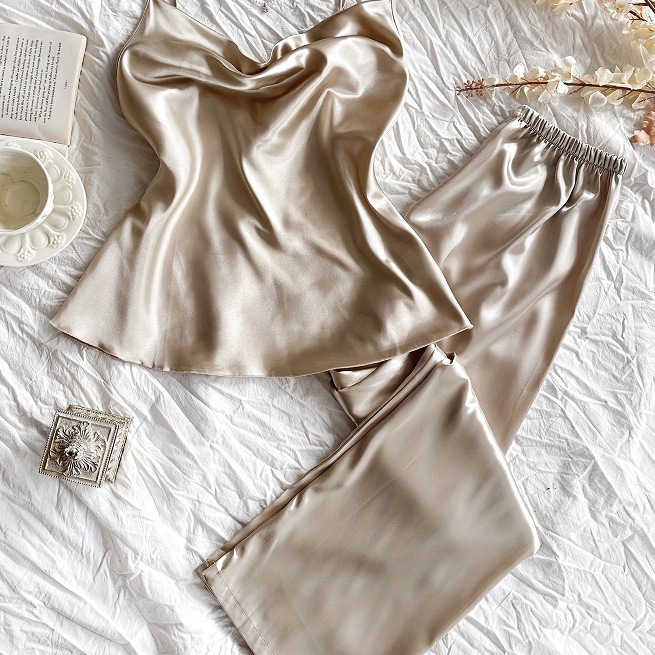 Womens Casual Relaxed Fit Sexy Satin Cowl Neck Backless Cami Top & Pants Set