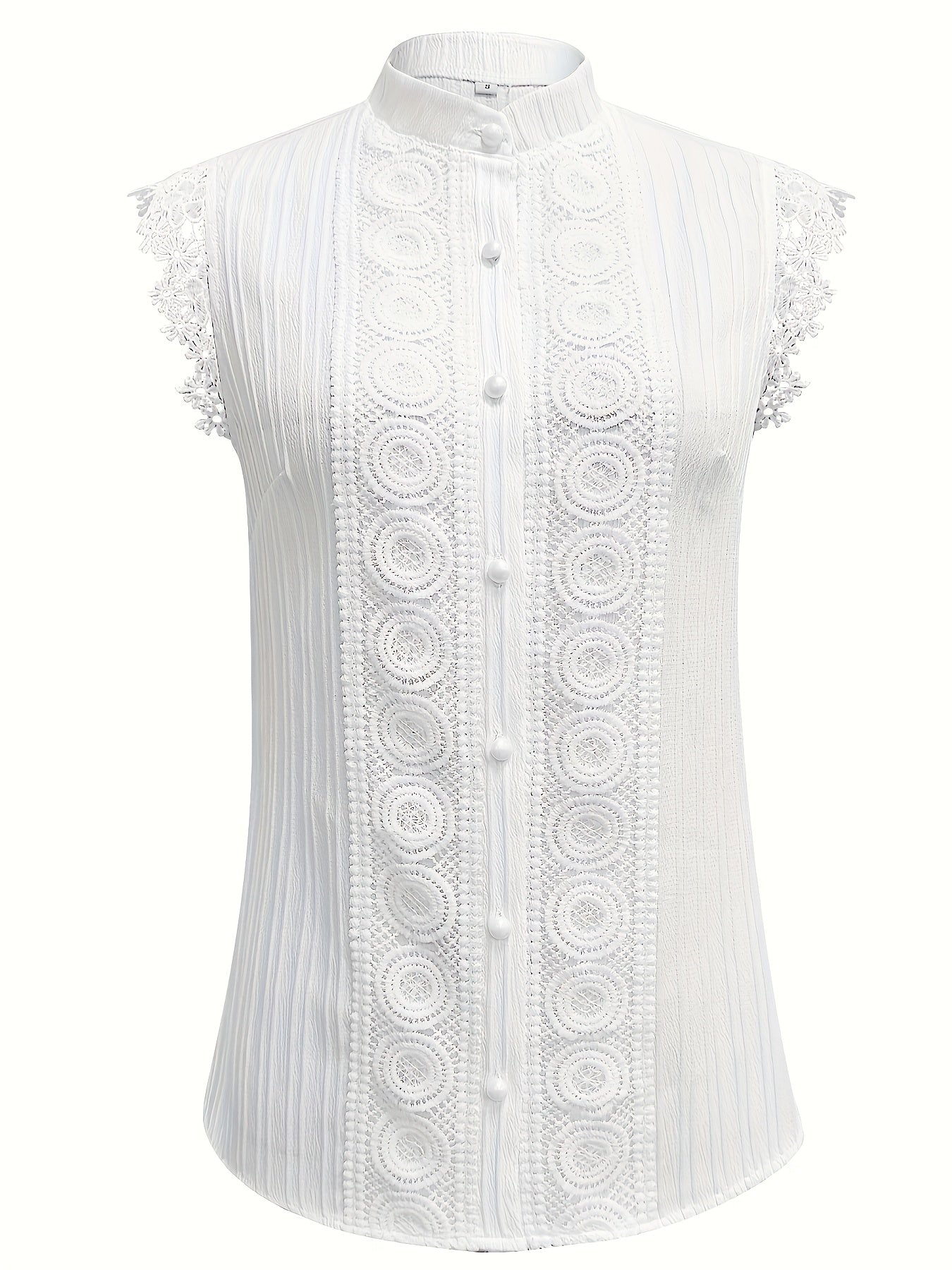 Womens Elegant V-Neck Sleeveless Button-Up Lace Detail Top