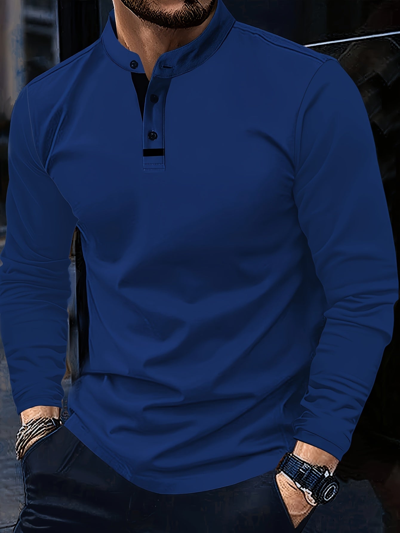 Mens Casual Solid Colour Contrast Stitching Casual Round Neck Long Sleeve Top