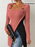 Womens Elegant Square Neck Ribbed Asymmetrical Button Detail Colour-Block Sweater