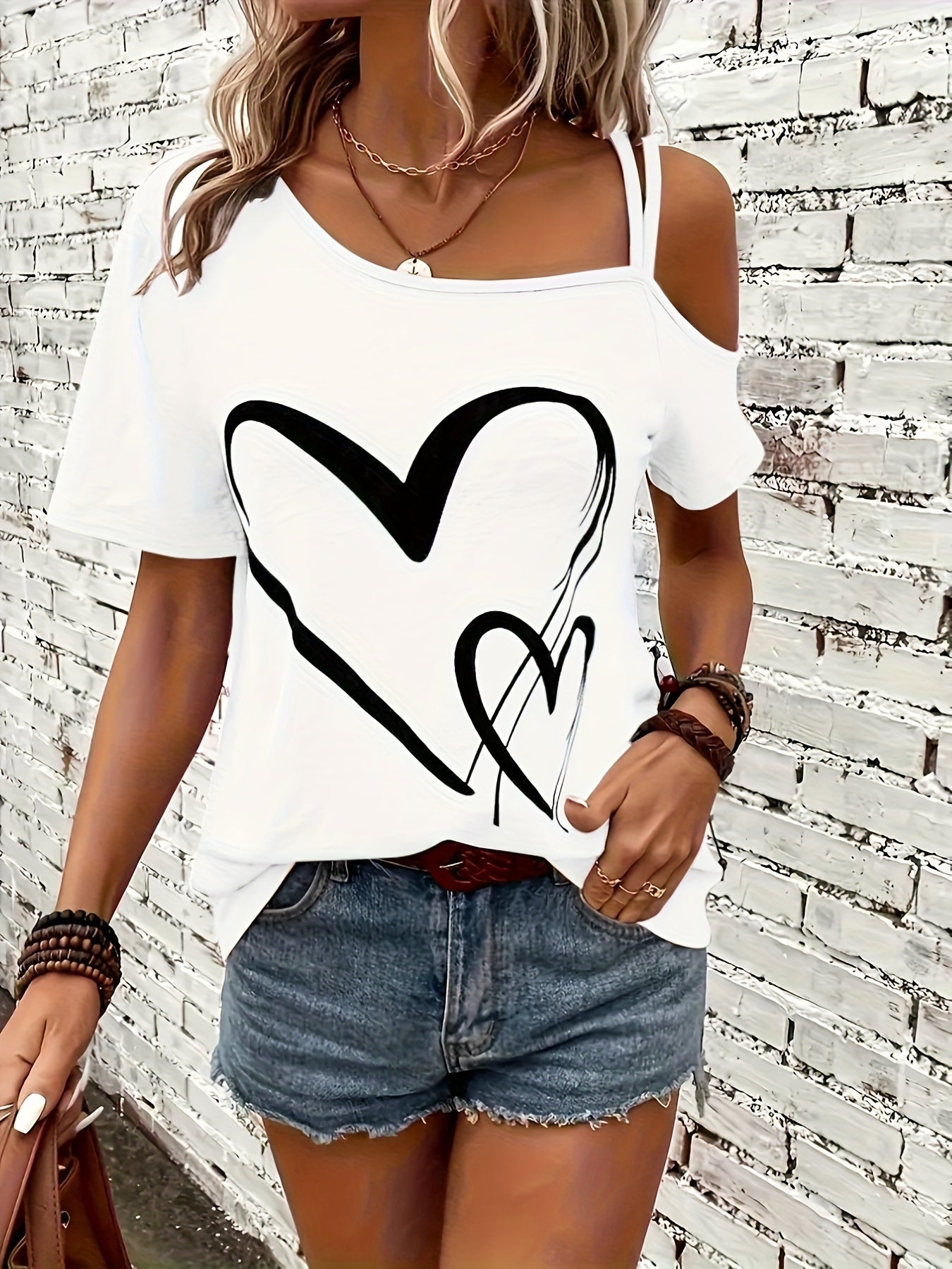 Womens Casual Heart Print Off the Shoulder Short Sleeve Asymmetrical T-shirt Top