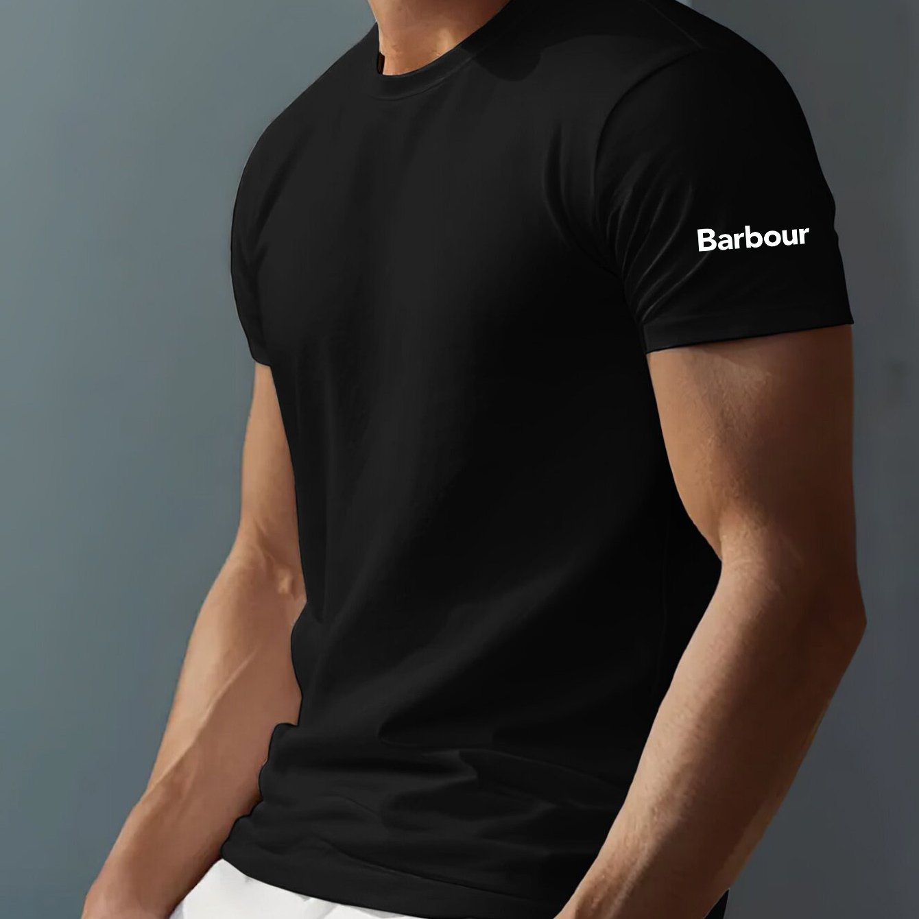 Mens Barbour Casual Round Neck Slightly Stretchy Rib-Knit Collar Letter Print Tshirt