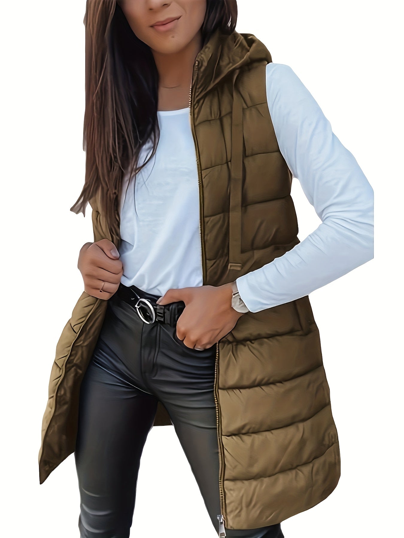 Womens Lightweight Casual Non-Stretch Slim Fit Front Zip Sleeveless Hooded Jacket
