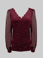 Womens Long Sleeve Sexy V-Neck Sequined Mesh Sleeved Top