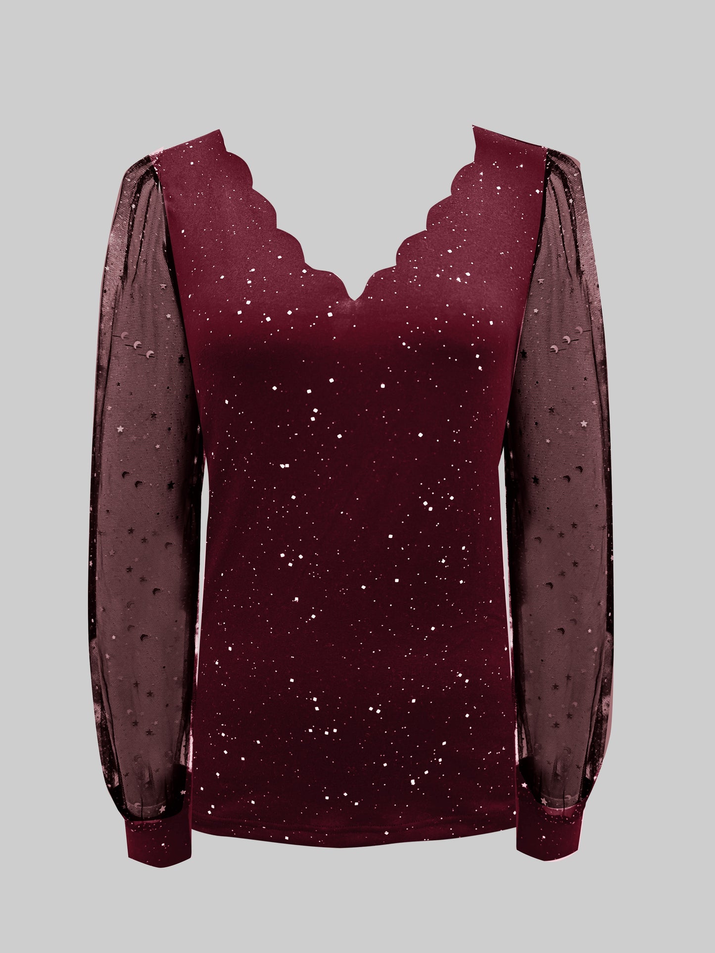 Womens Long Sleeve Sexy V-Neck Sequined Mesh Sleeved Top