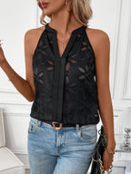 Womens Elegant V Neck Sleeveless Hollow-Out Floral Detail Semi Sheer Top