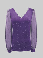 Womens Long Sleeve Sexy V-Neck Sequined Mesh Sleeved Top