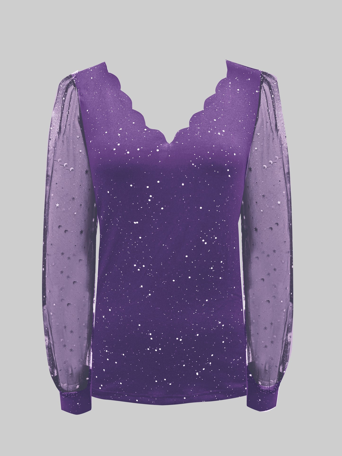 Womens Long Sleeve Sexy V-Neck Sequined Mesh Sleeved Top