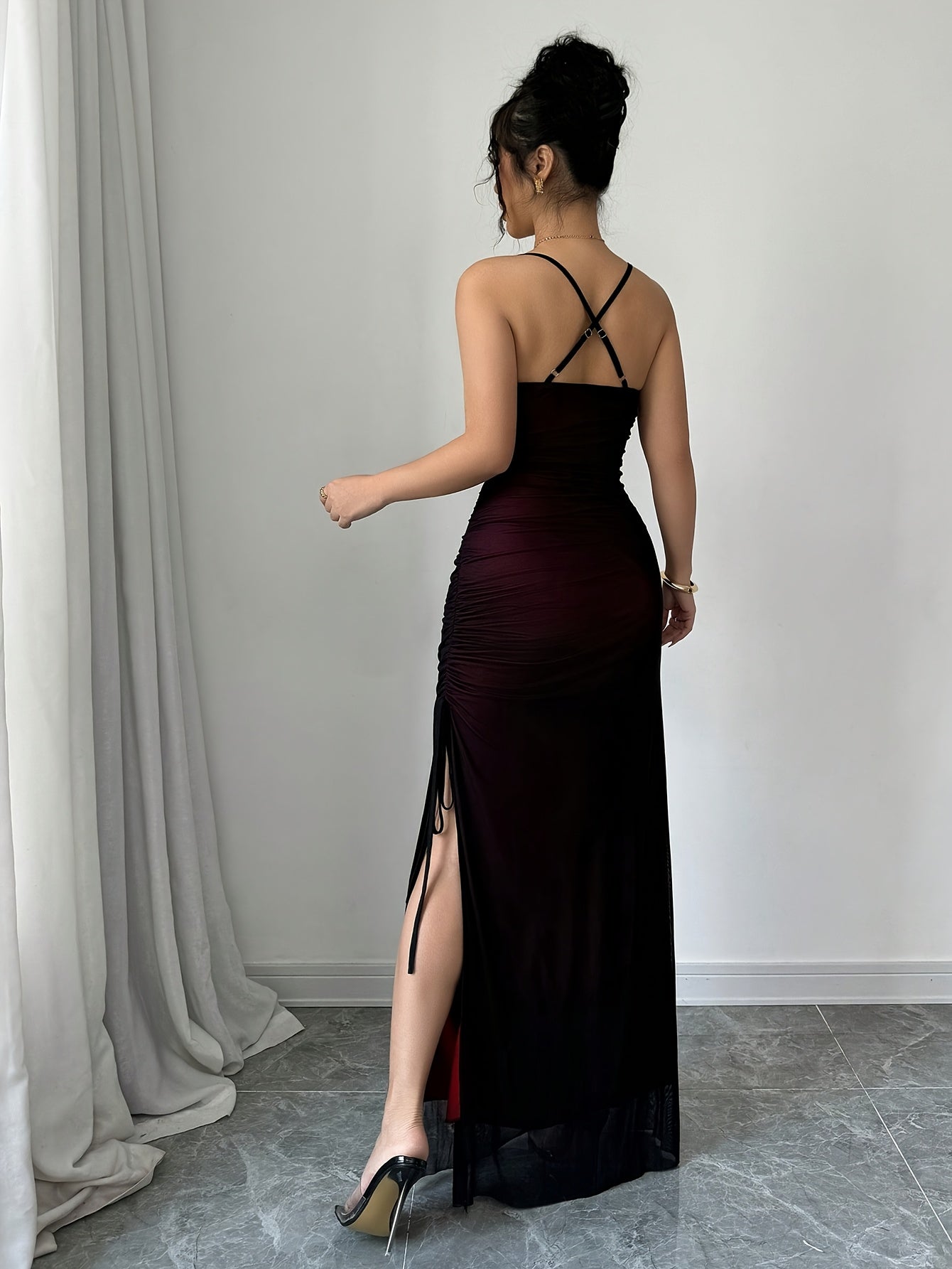 Womens Elegant High-Stretch Mesh Solid Colour Adjustable Strap Backless Long Bodycon Dress