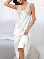 Womens Luxury Elegant Satin Sleeveless V-Neck Nightgown