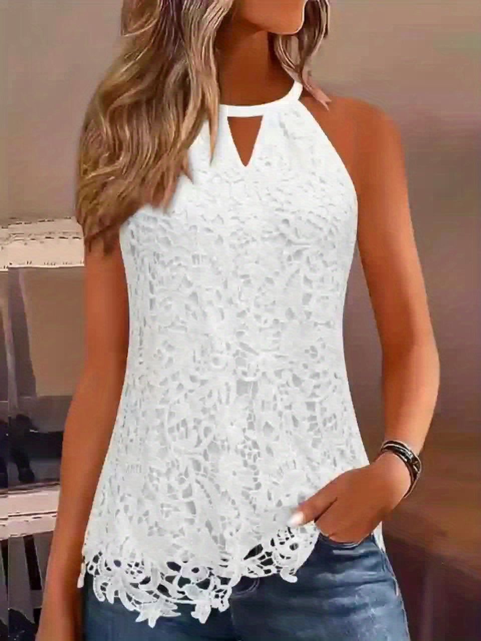 Womens Elegant Lace Trim Hollow-Out Solid Colour Round Neck Sleeveless Top