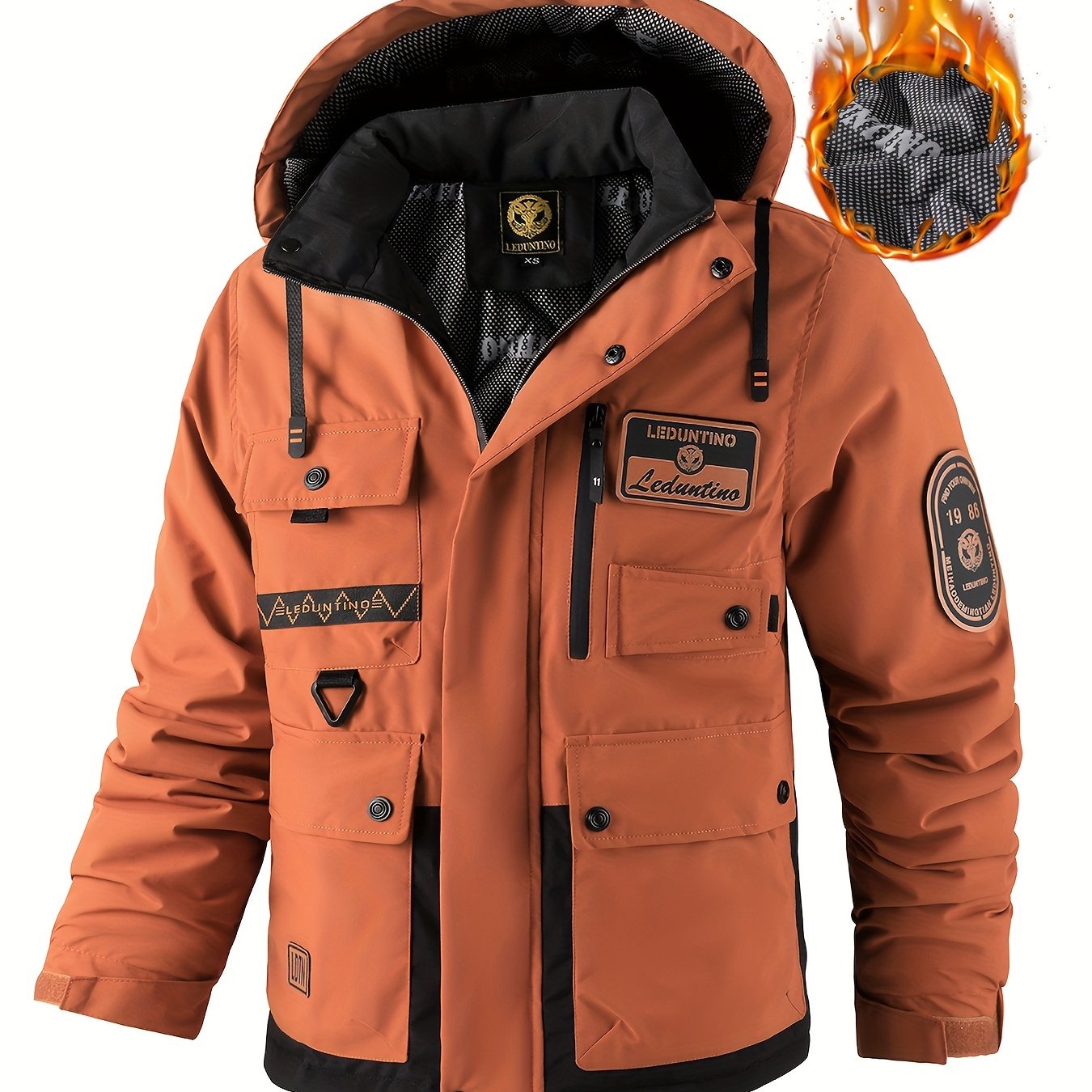 Mens Fleece-Lined Multiple Pockets Detachable Hood Outdoor Winter Jacket