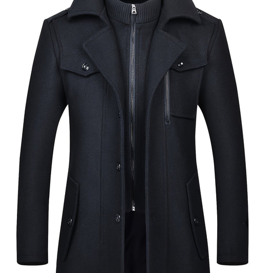 Mens Winter Detachable Double-Breasted Round Neck Coat
