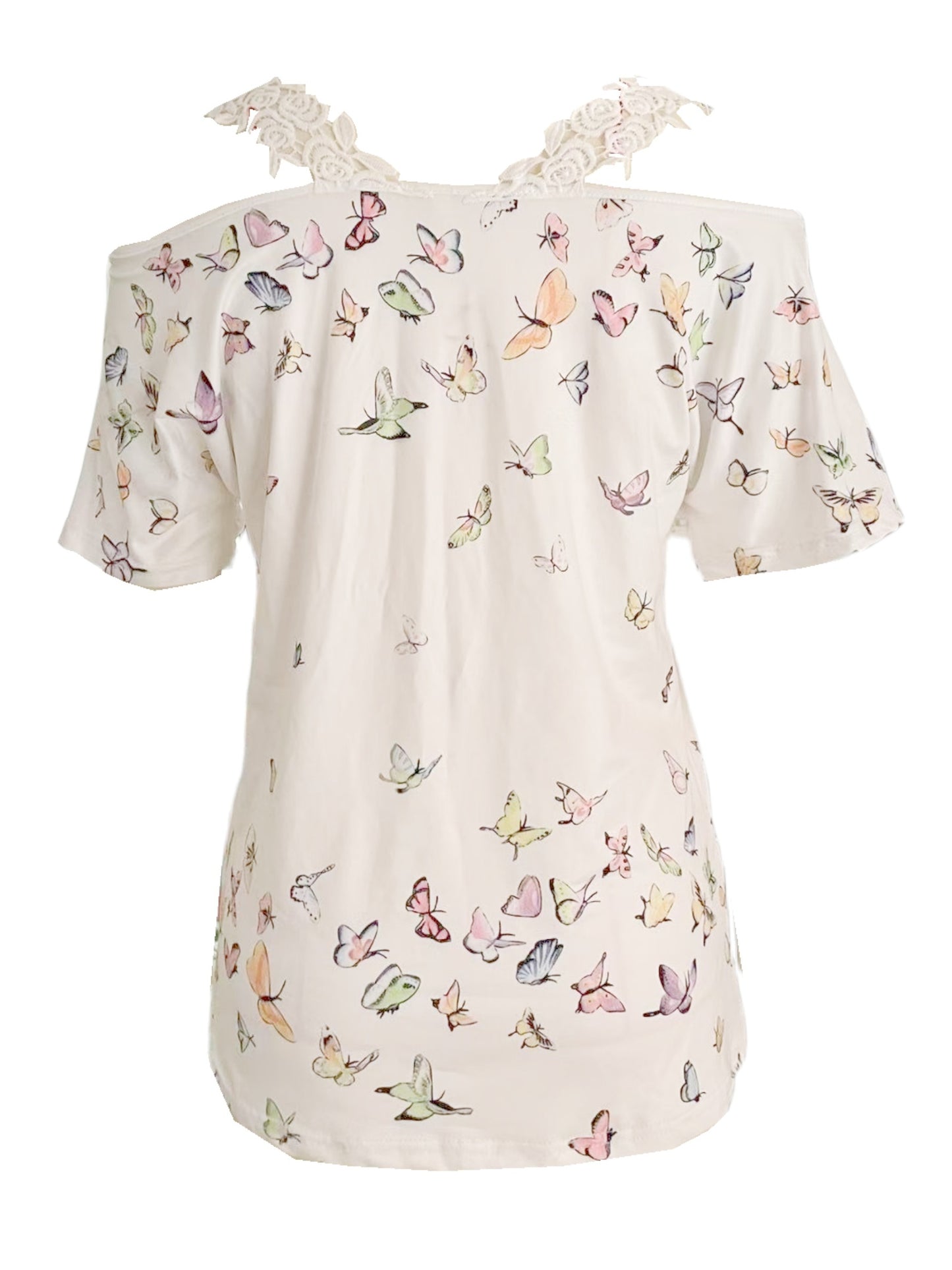 Womens Casual Cold Shoulder Short Sleeve Butterfly Print V Neck Top