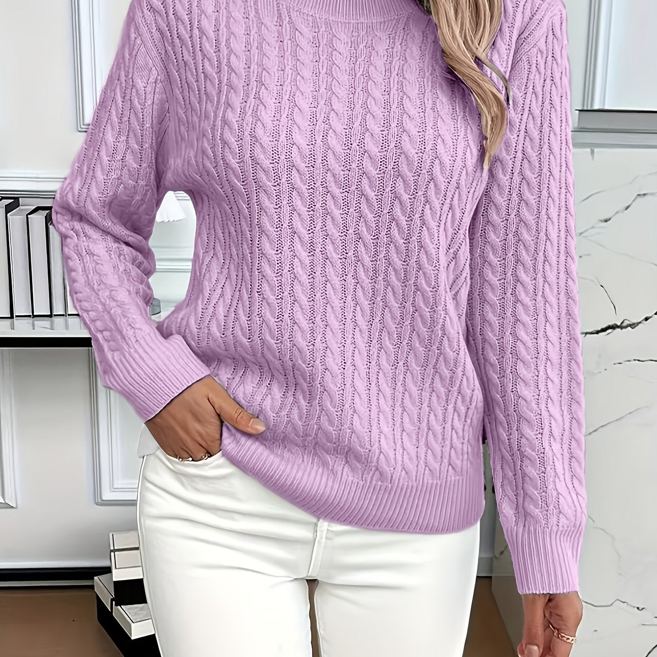 Womens Casual Loose-Fit Round Neck Long Sleeve Solid Colour Rib Design Pullover Sweater