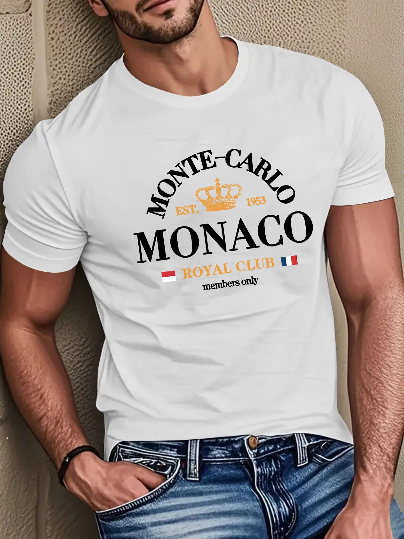 Mens Casual Monte Carlo Royal Club Graphic Print Soft Breathable Crew Neck Ribbed Tshirt