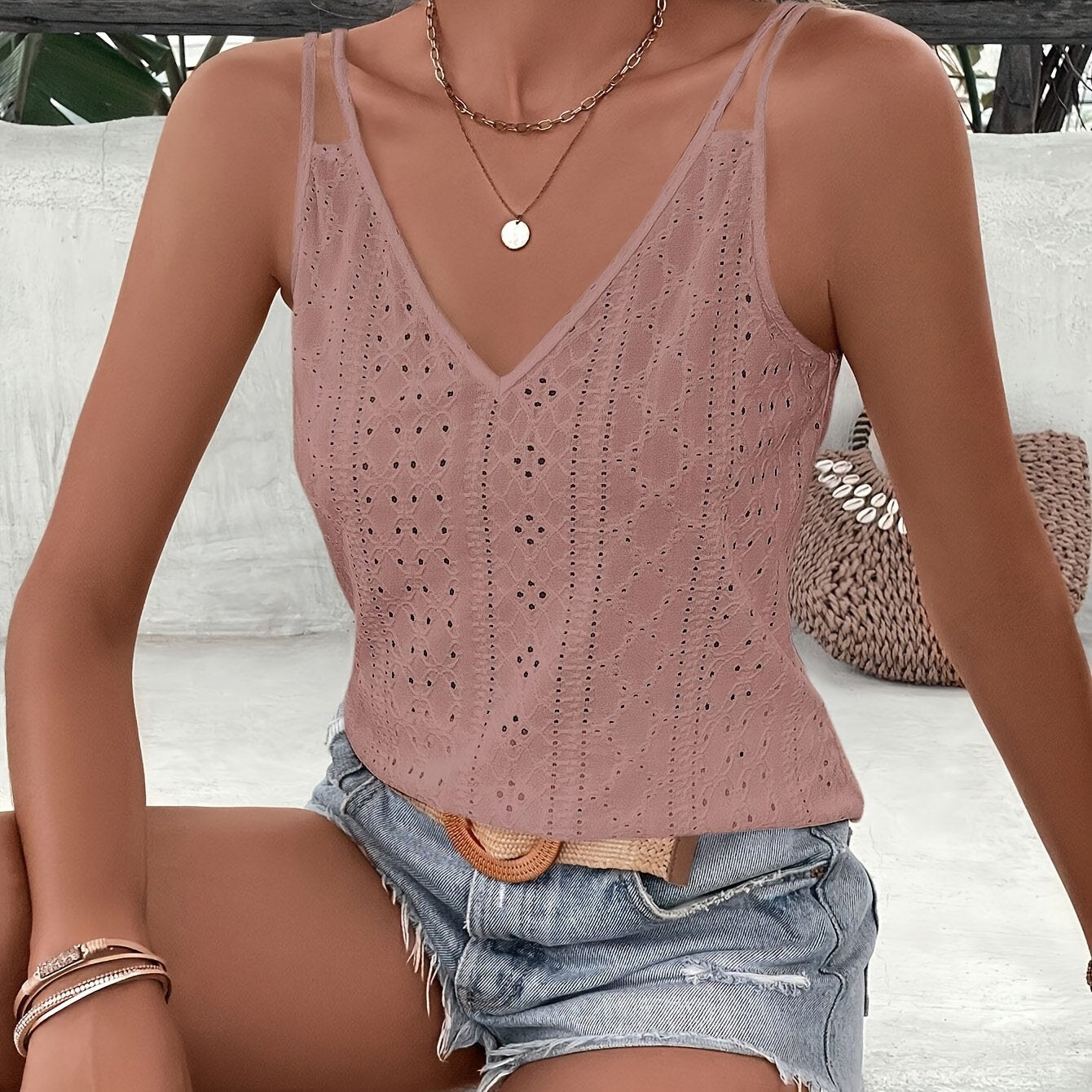Women's Summer Casual Eyelet Solid Colour Cami Top
