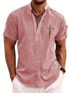 Mens Casual Graphic Print Short Sleeve Stand Collar Breathable Shirt