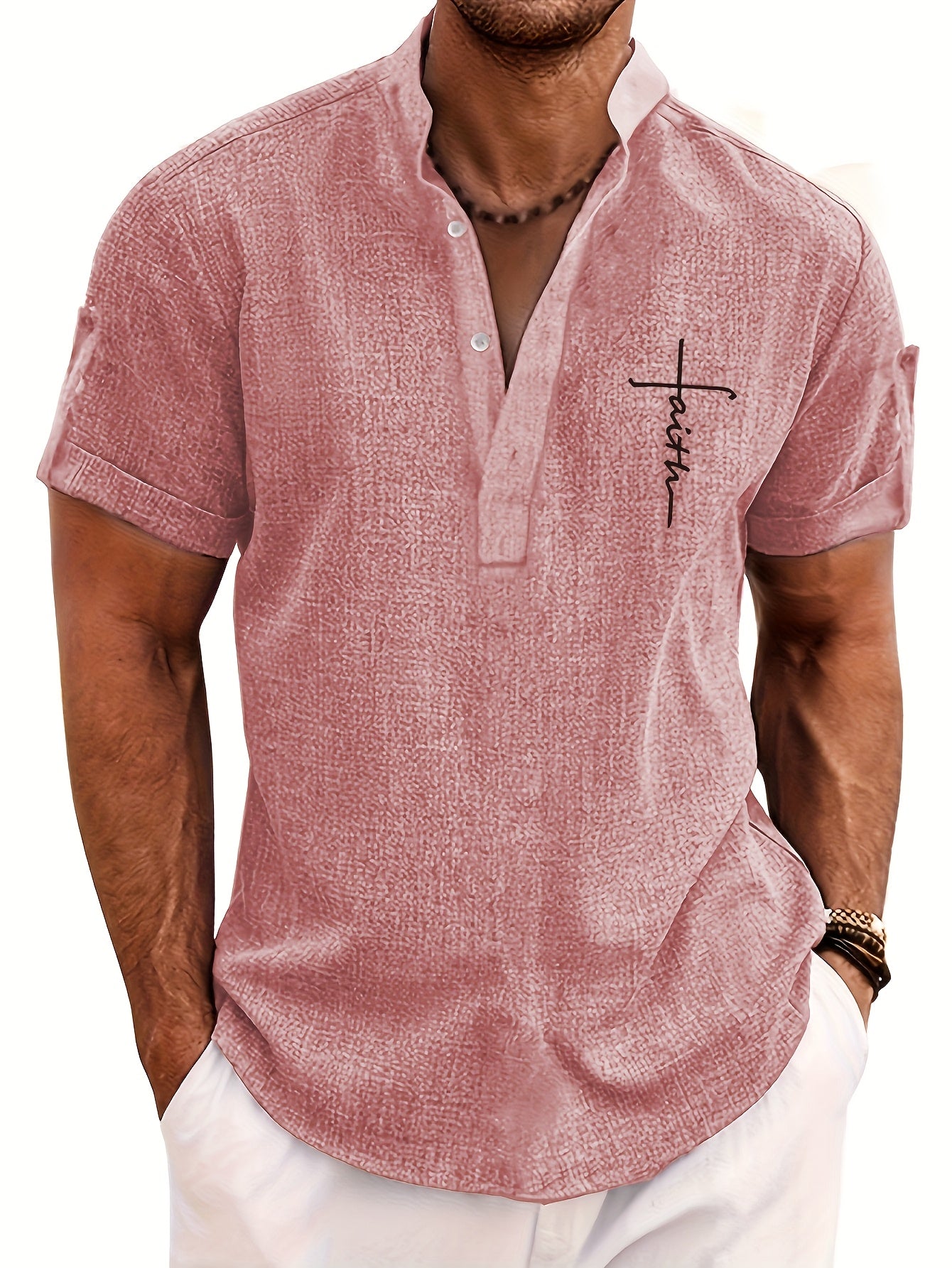 Mens Casual Graphic Print Short Sleeve Stand Collar Breathable Shirt