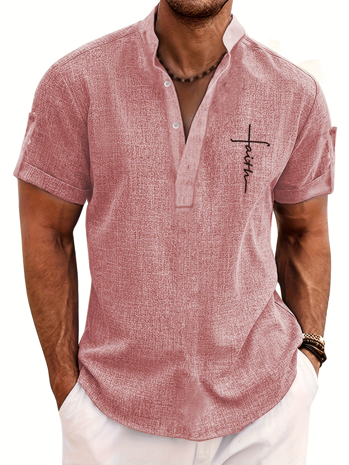 Mens Casual Graphic Print Short Sleeve Stand Collar Breathable Shirt