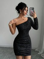Womens Sexy Elegant Off-Shoulder Sequin Embellished Bodycon Dress