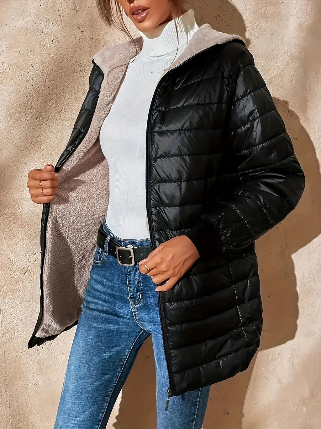 Womens Casual Medium Length Hooded Puffer Jacket