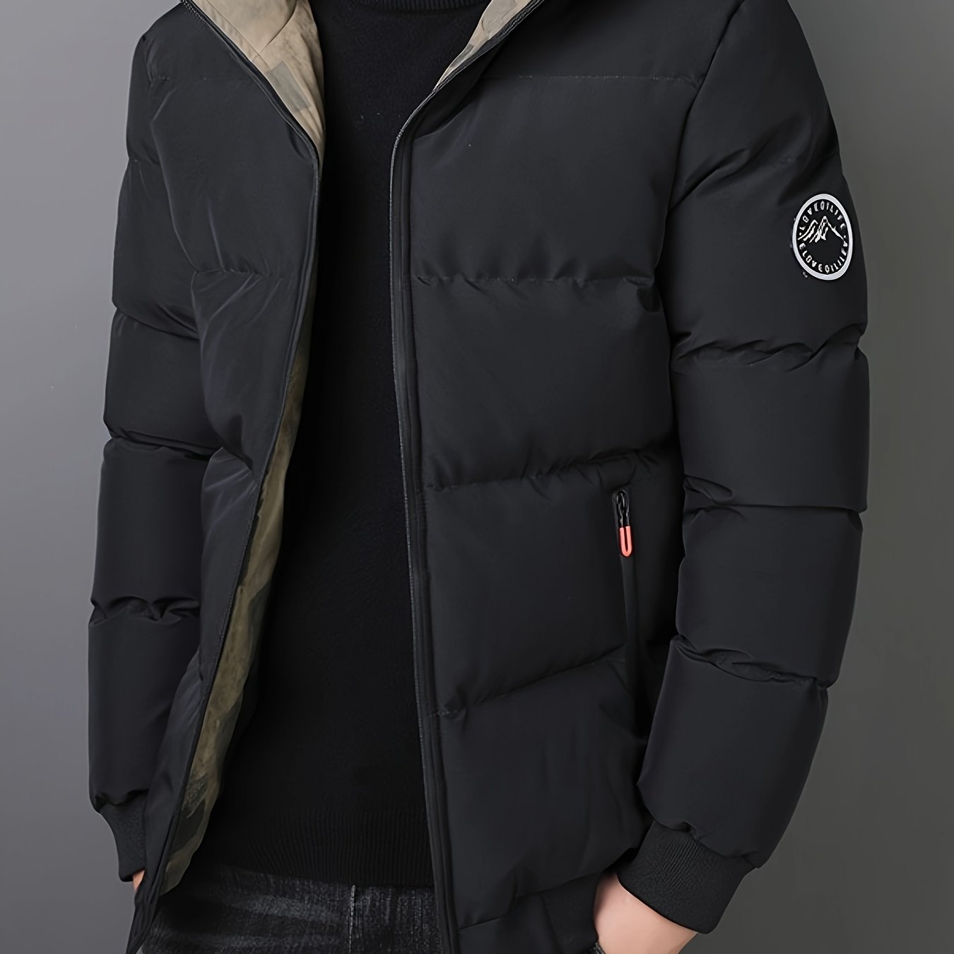 Mens Casual Thick Padded Loose Fit Stand Collar Zip Up Jacket