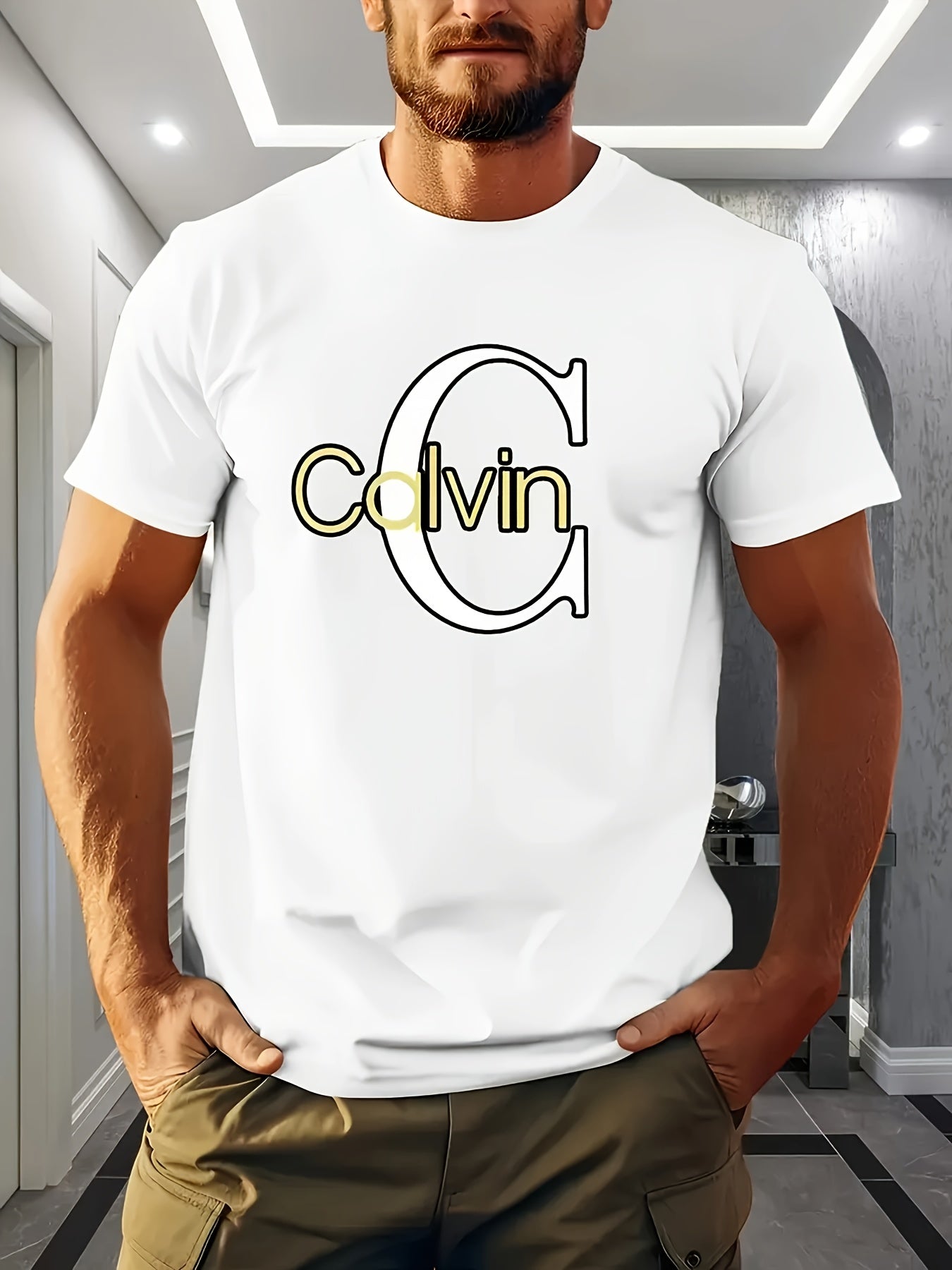 Mens Casual Short Sleeve Summer Breathable Round Neck Bold 'Calvin' Graphic Print Tshirt
