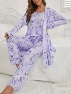 Womens 3 Piece Floral & Butterfly Print Long Pants Long Sleeve Belted Robe, Casual Crew Neck Top Nightwear Set