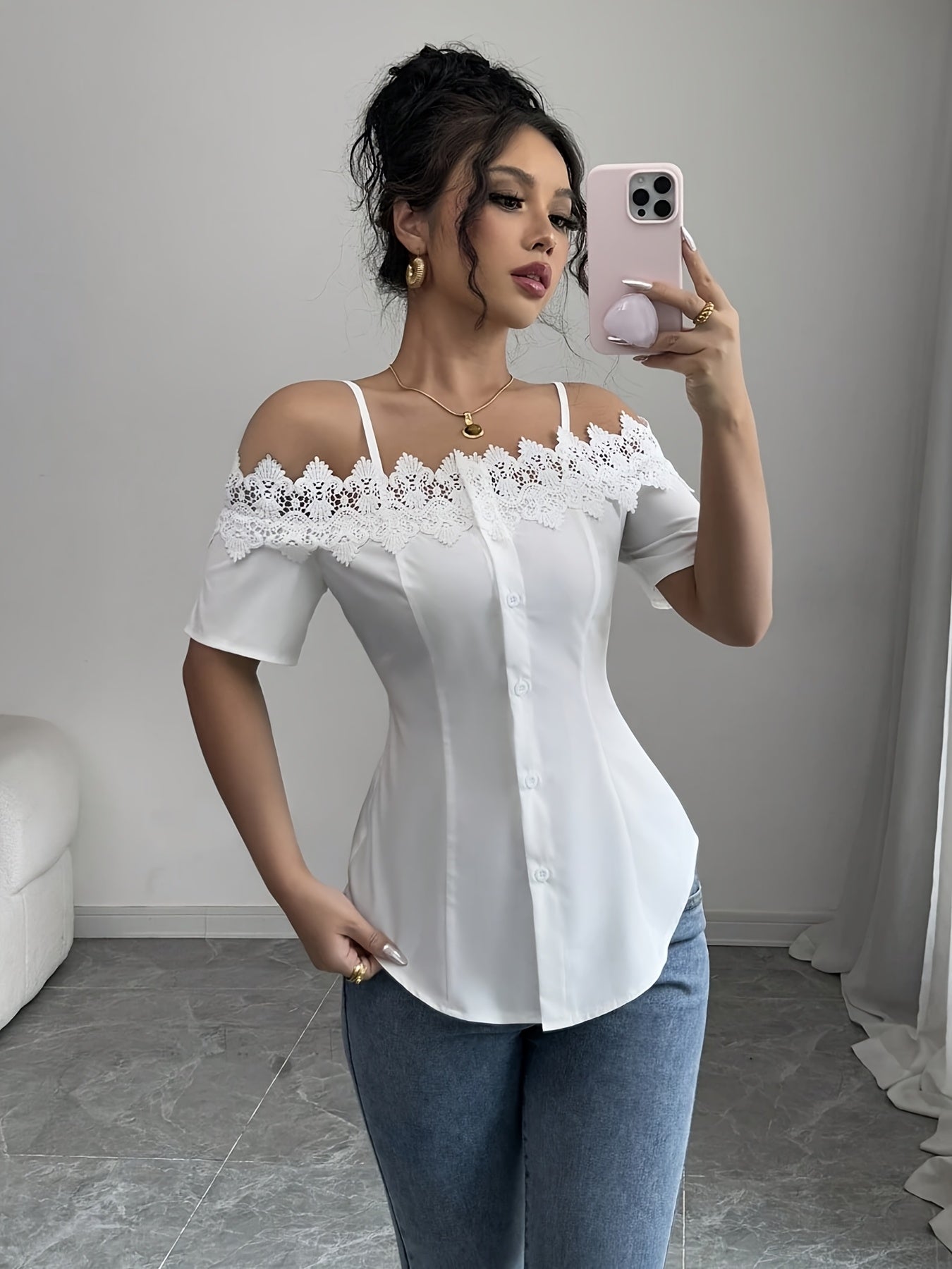 Womens Elegant White Off-Shoulder Laced Cinched Waist Short Sleeve Top