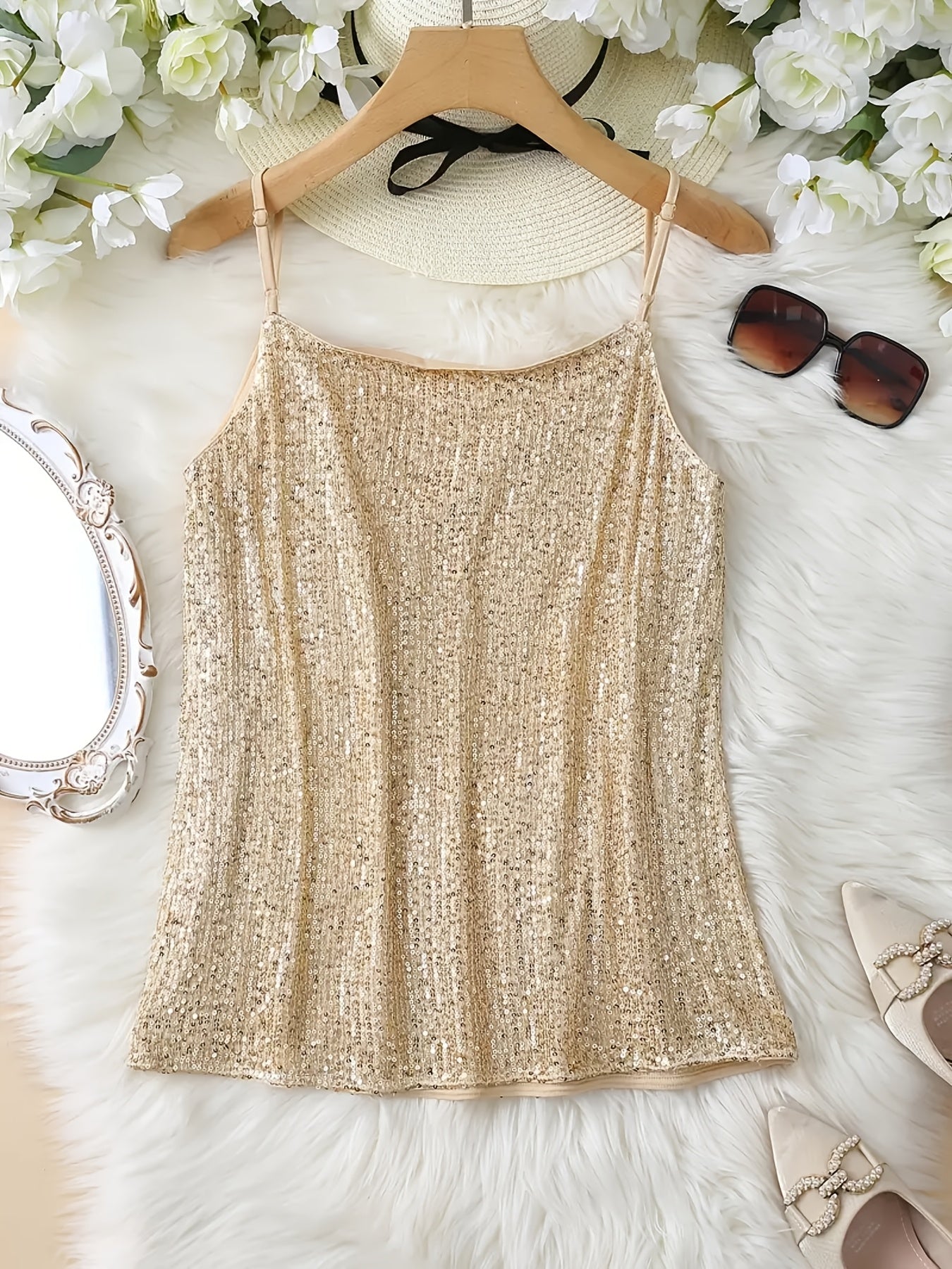 Womens Chic Sequined V Neck Solid Colour Sleeveless Strappy Top