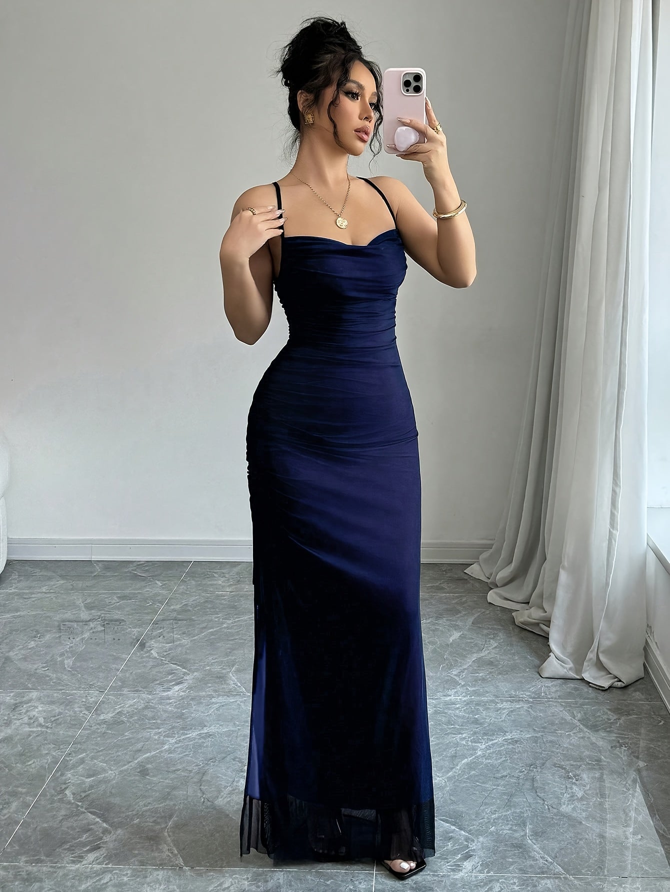 Womens Elegant High-Stretch Mesh Solid Colour Adjustable Strap Backless Long Bodycon Dress