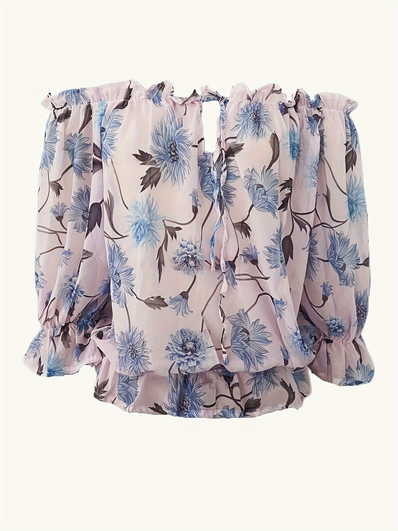 Womens Lightweight Off-Shoulder Semi-Sheer Pleated Lantern Sleeves Loose Fit Top